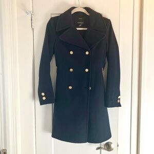 Club Monaco Navy Blue Pea Coat with Gold Buttons and Chain Belt Size XS NWOT